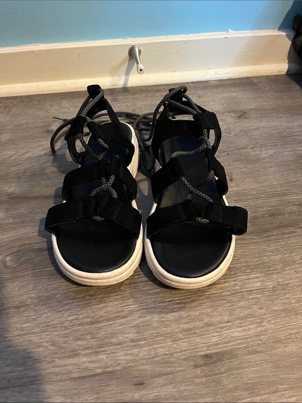 BAMBOO Black Lace-Up Platform Sandals with White Sole